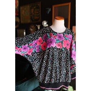 Vintage 80s Earth Angel Mixed Media Polka Dot Floral Dolman Long Sleeve 22W